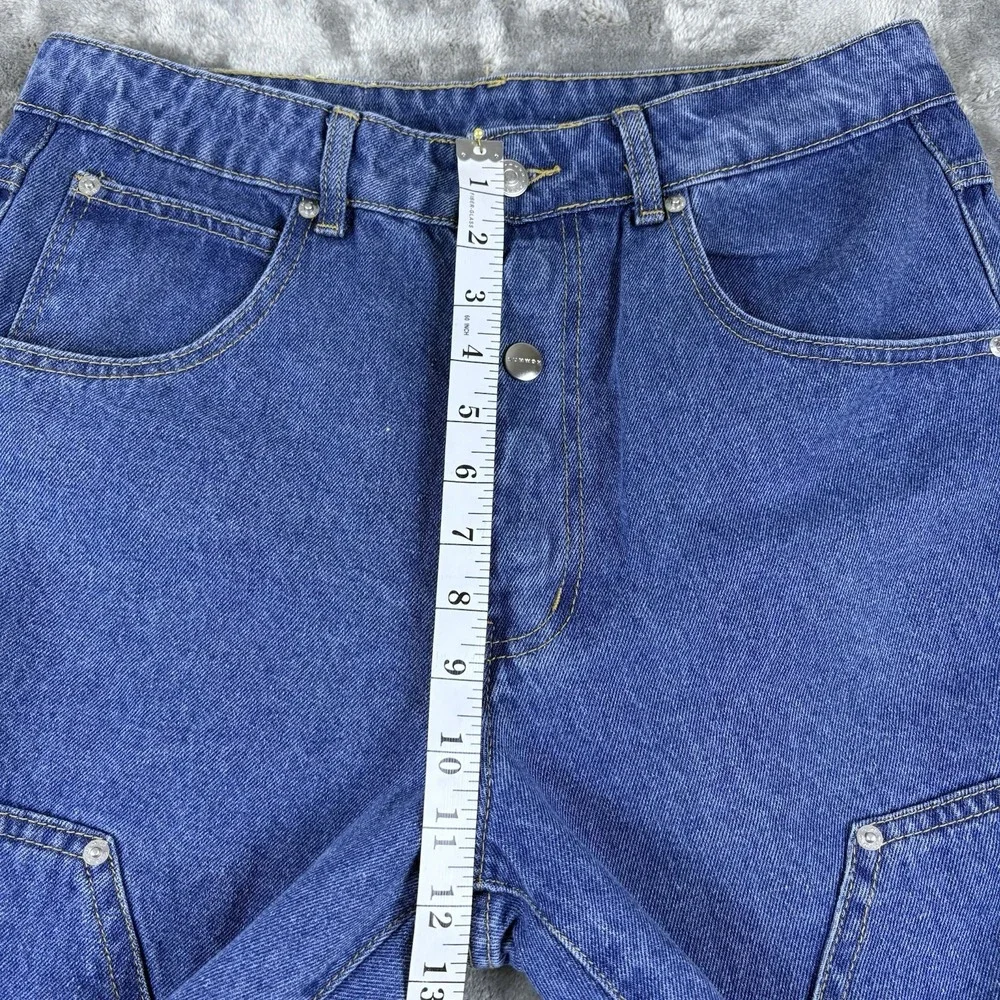 Mens Denim Cargo Jeans Blue‎ Medium Wide Leg Snaps Streetwear Utility Y2K Skater